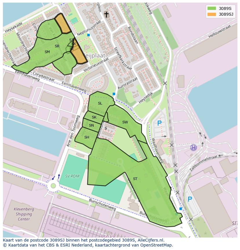 Afbeelding van het postcodegebied 3089 SJ op de kaart.