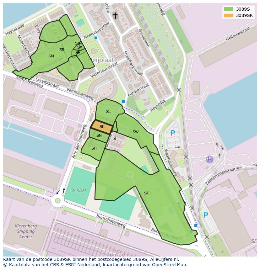Afbeelding van het postcodegebied 3089 SK op de kaart.