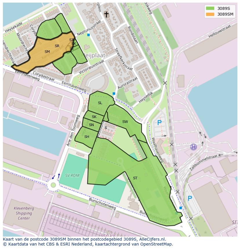 Afbeelding van het postcodegebied 3089 SM op de kaart.
