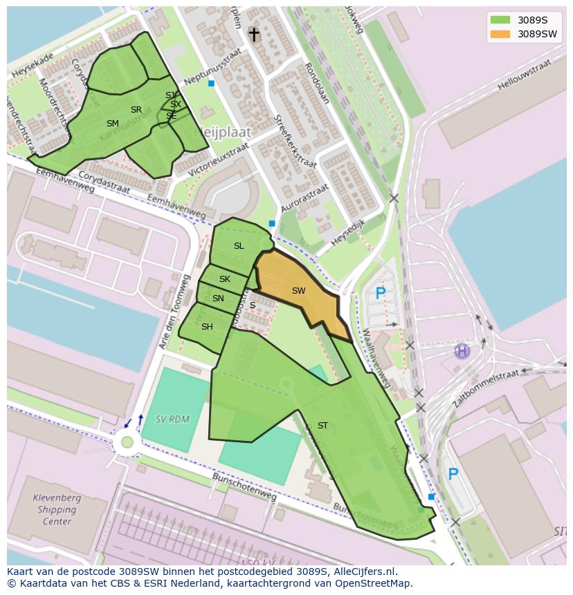 Afbeelding van het postcodegebied 3089 SW op de kaart.