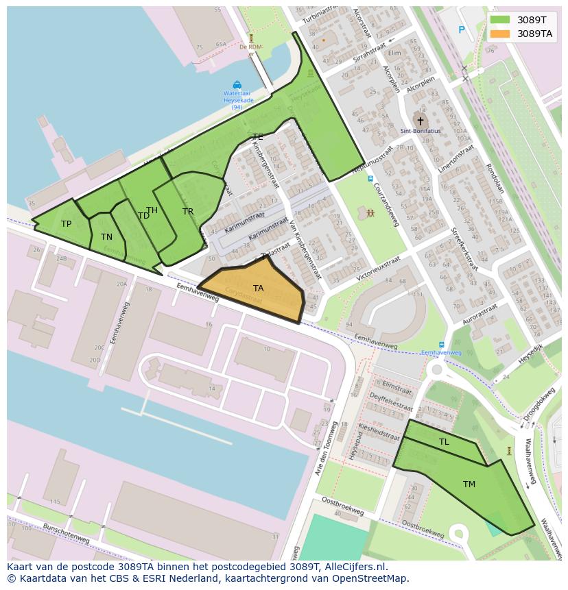 Afbeelding van het postcodegebied 3089 TA op de kaart.