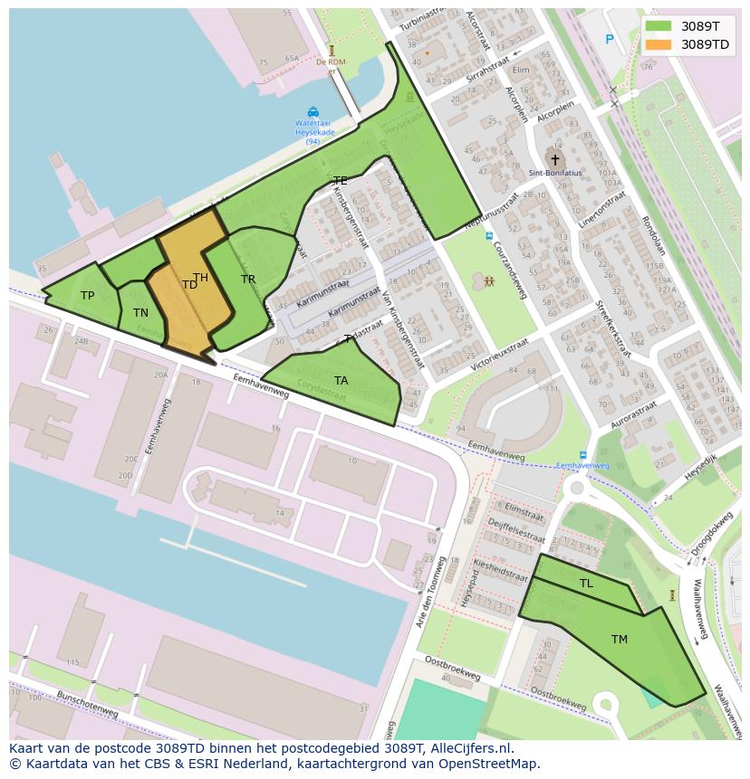 Afbeelding van het postcodegebied 3089 TD op de kaart.