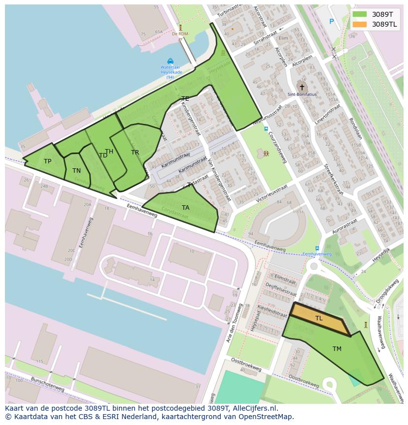 Afbeelding van het postcodegebied 3089 TL op de kaart.