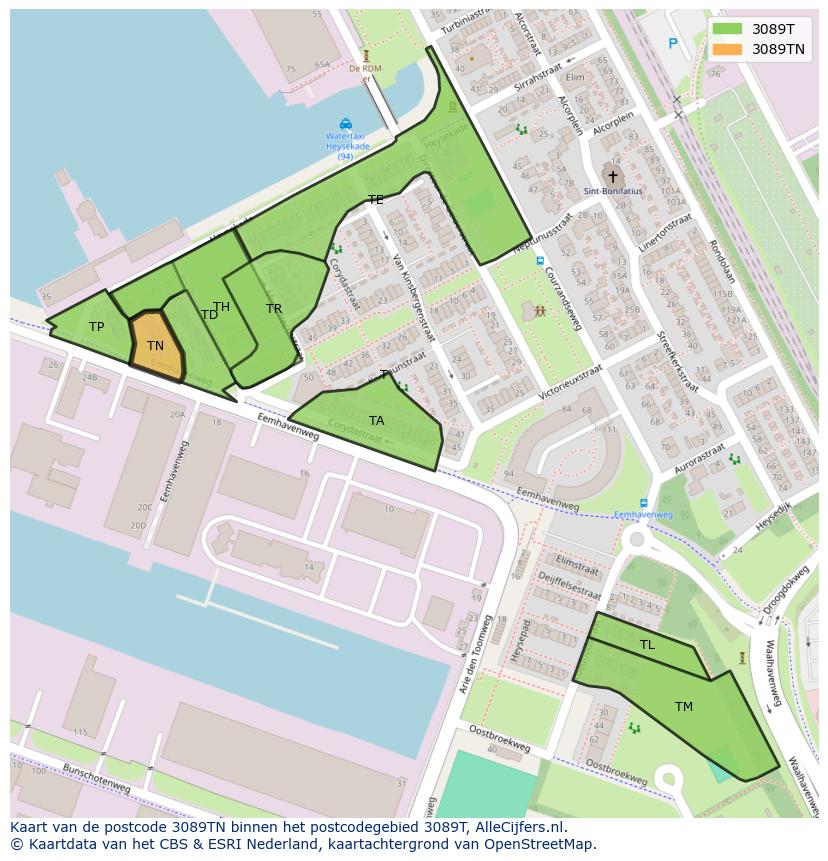 Afbeelding van het postcodegebied 3089 TN op de kaart.