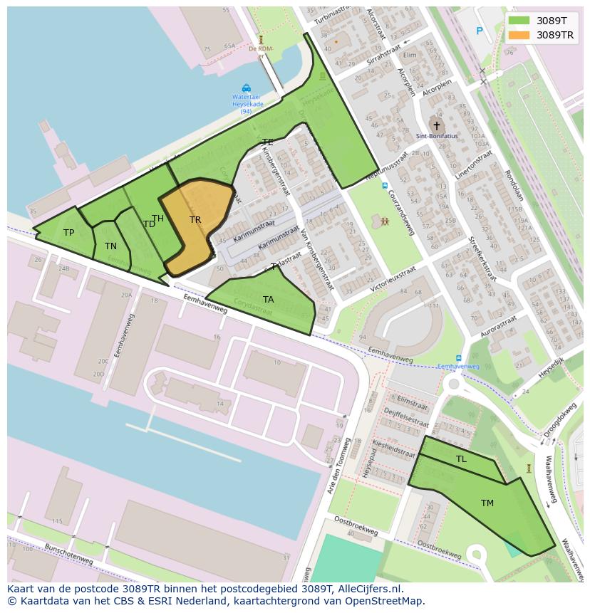 Afbeelding van het postcodegebied 3089 TR op de kaart.