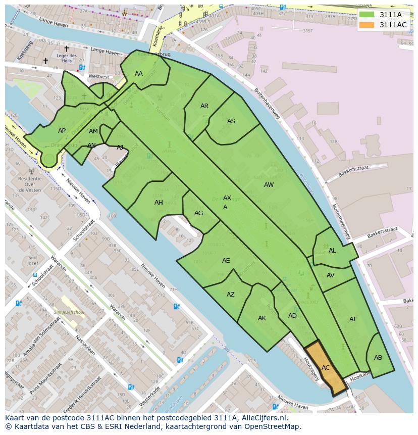Afbeelding van het postcodegebied 3111 AC op de kaart.