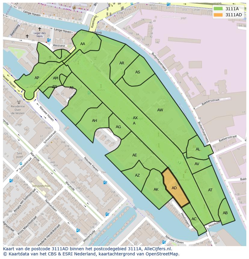 Afbeelding van het postcodegebied 3111 AD op de kaart.