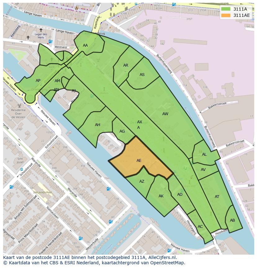 Afbeelding van het postcodegebied 3111 AE op de kaart.