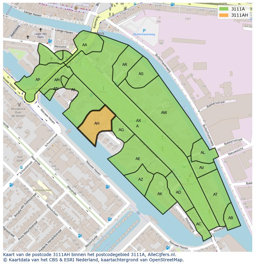 Afbeelding van het postcodegebied 3111 AH op de kaart.