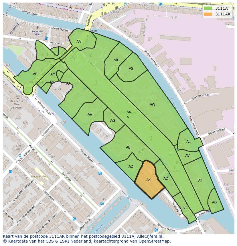 Afbeelding van het postcodegebied 3111 AK op de kaart.