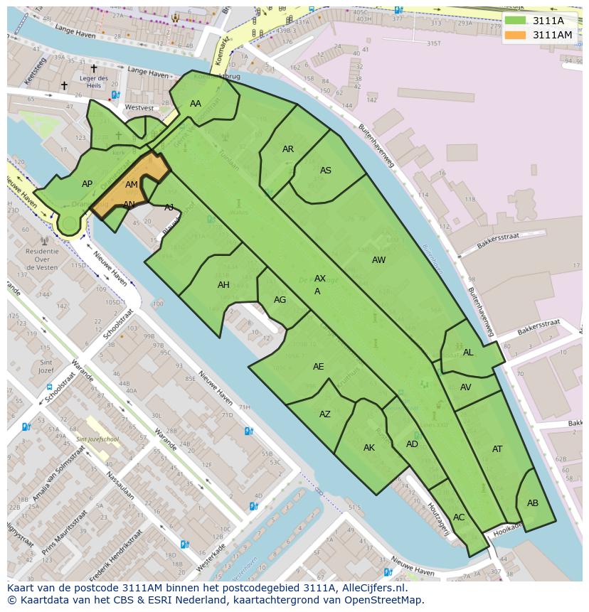 Afbeelding van het postcodegebied 3111 AM op de kaart.