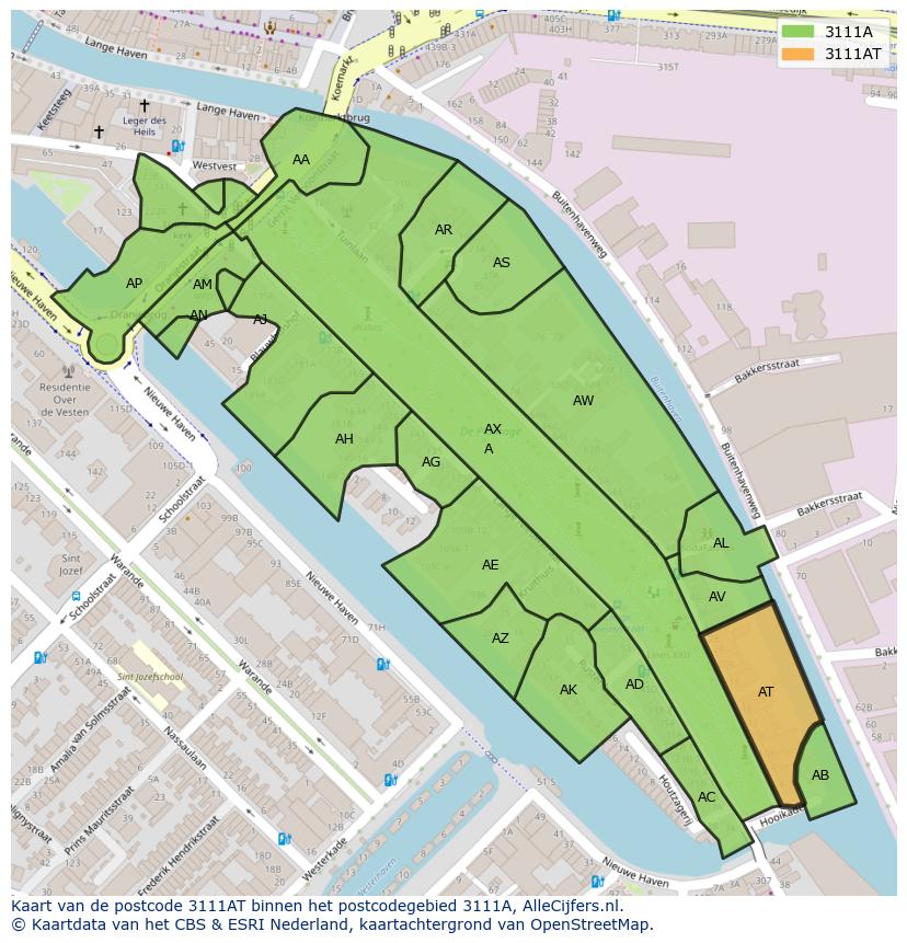 Afbeelding van het postcodegebied 3111 AT op de kaart.