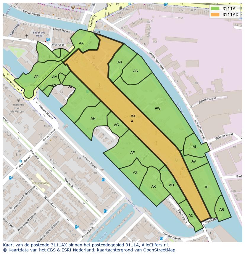 Afbeelding van het postcodegebied 3111 AX op de kaart.