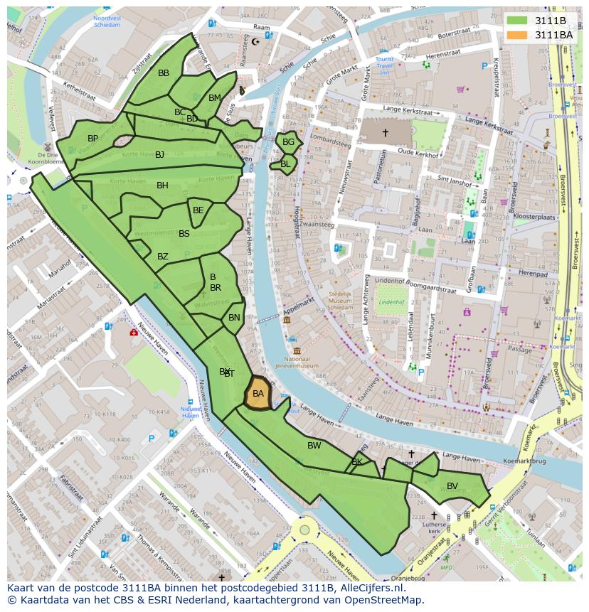 Afbeelding van het postcodegebied 3111 BA op de kaart.