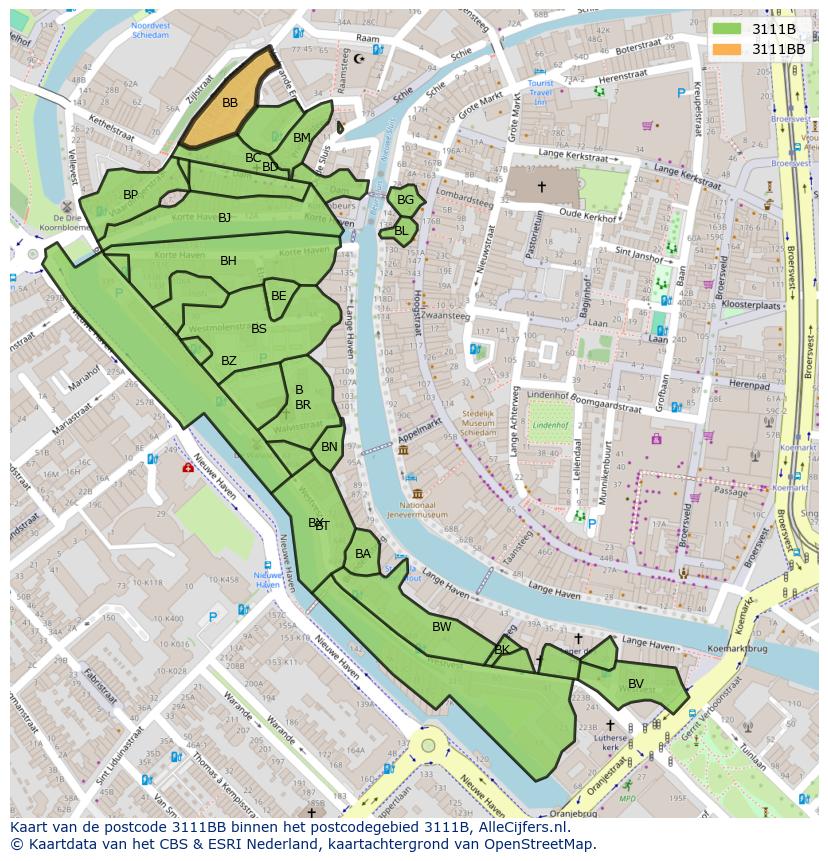 Afbeelding van het postcodegebied 3111 BB op de kaart.