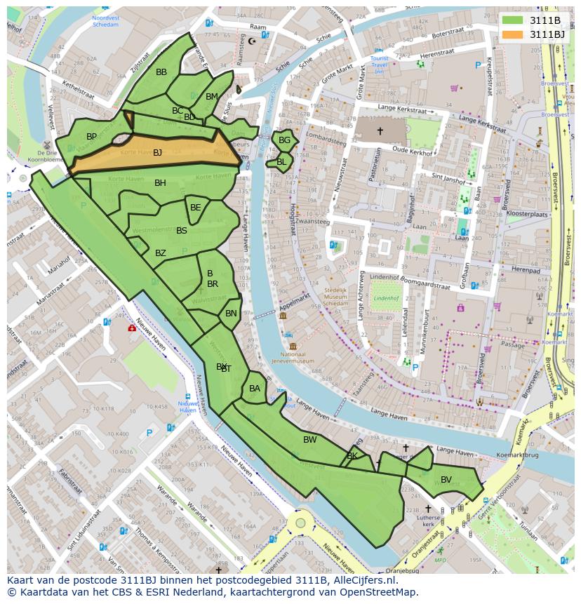 Afbeelding van het postcodegebied 3111 BJ op de kaart.