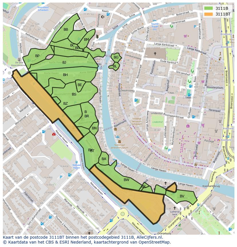 Afbeelding van het postcodegebied 3111 BT op de kaart.