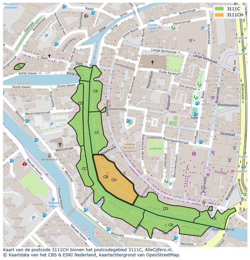 Afbeelding van het postcodegebied 3111 CH op de kaart.