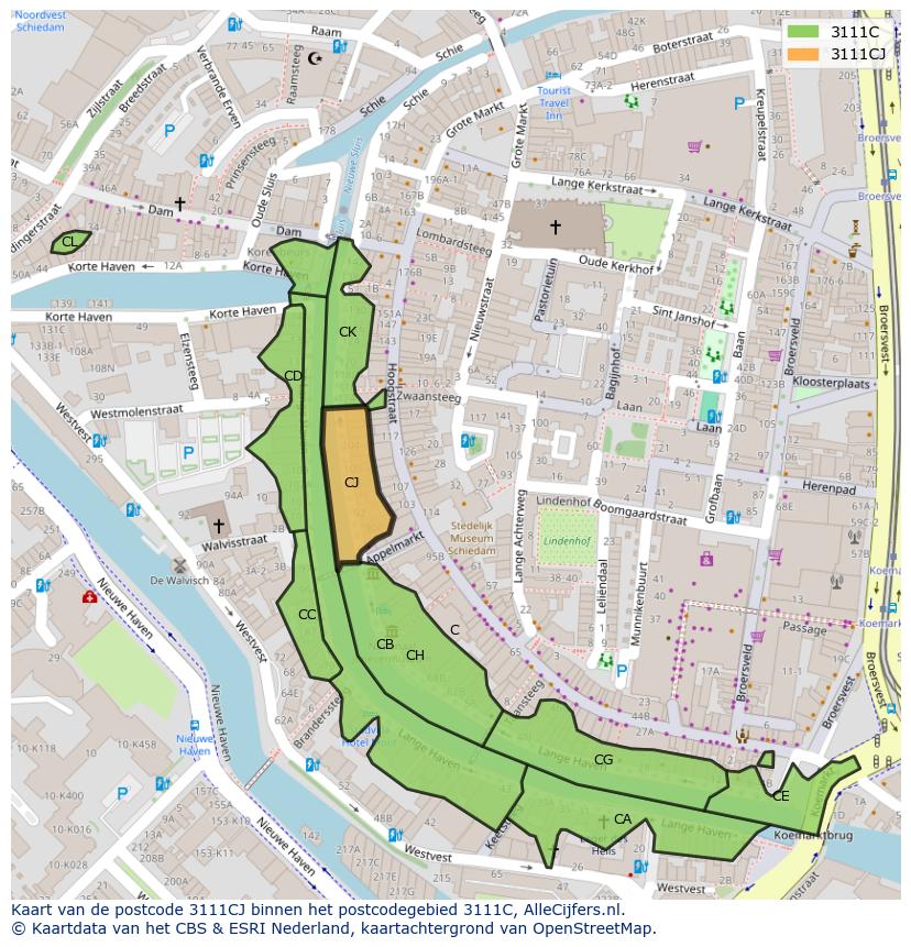 Afbeelding van het postcodegebied 3111 CJ op de kaart.