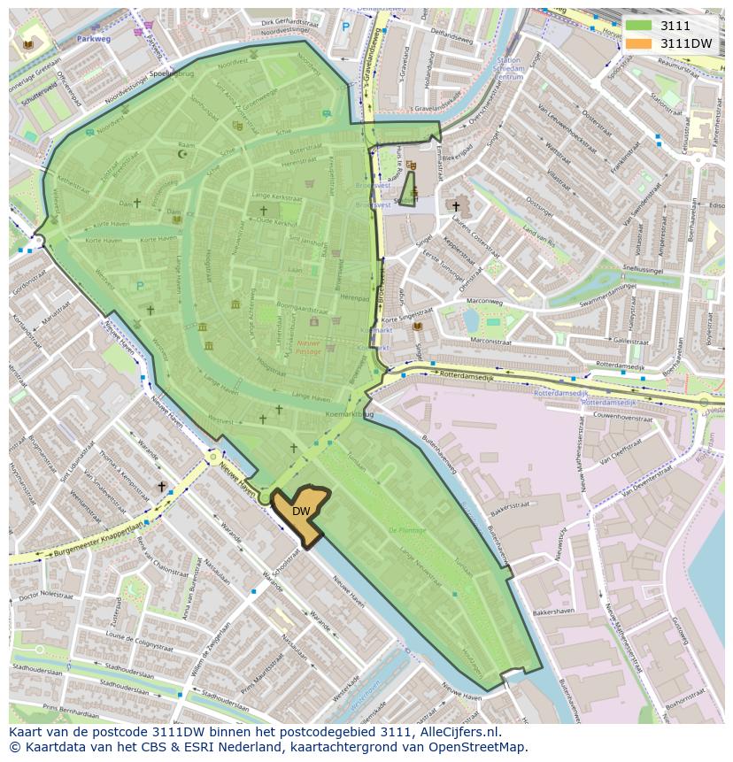 Afbeelding van het postcodegebied 3111 DW op de kaart.