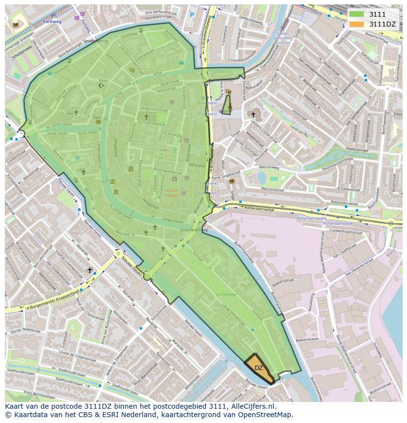 Afbeelding van het postcodegebied 3111 DZ op de kaart.