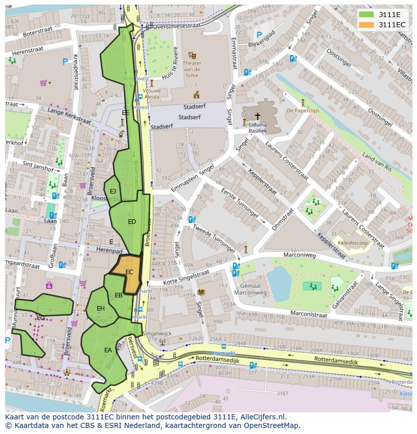 Afbeelding van het postcodegebied 3111 EC op de kaart.