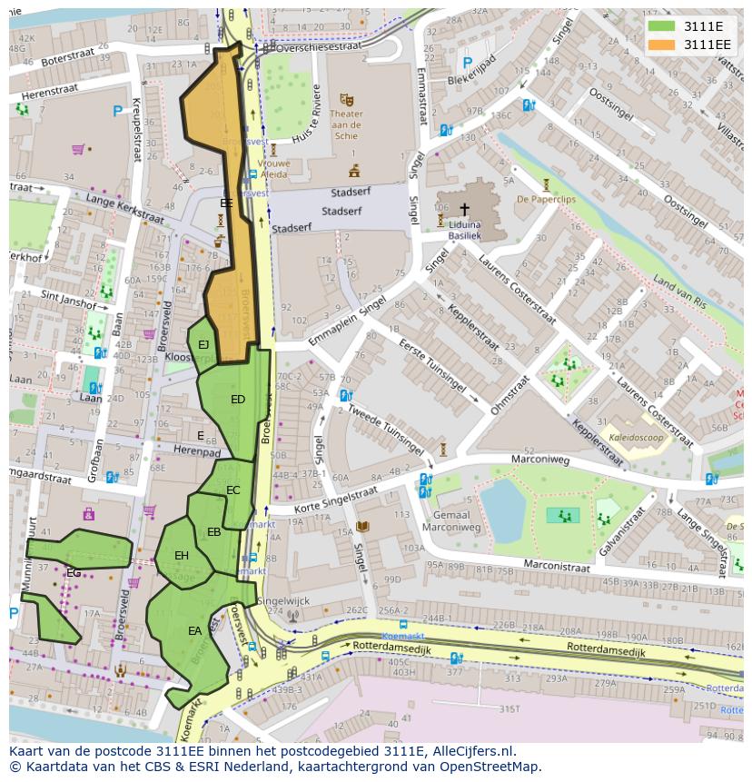 Afbeelding van het postcodegebied 3111 EE op de kaart.