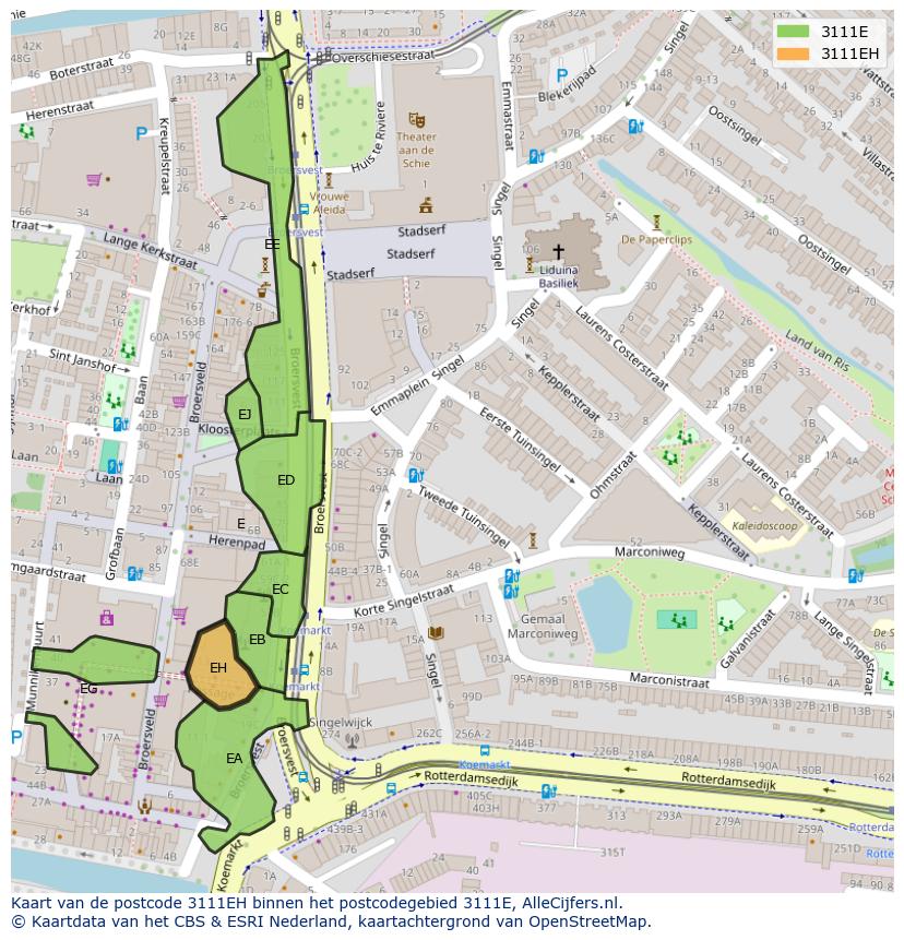 Afbeelding van het postcodegebied 3111 EH op de kaart.