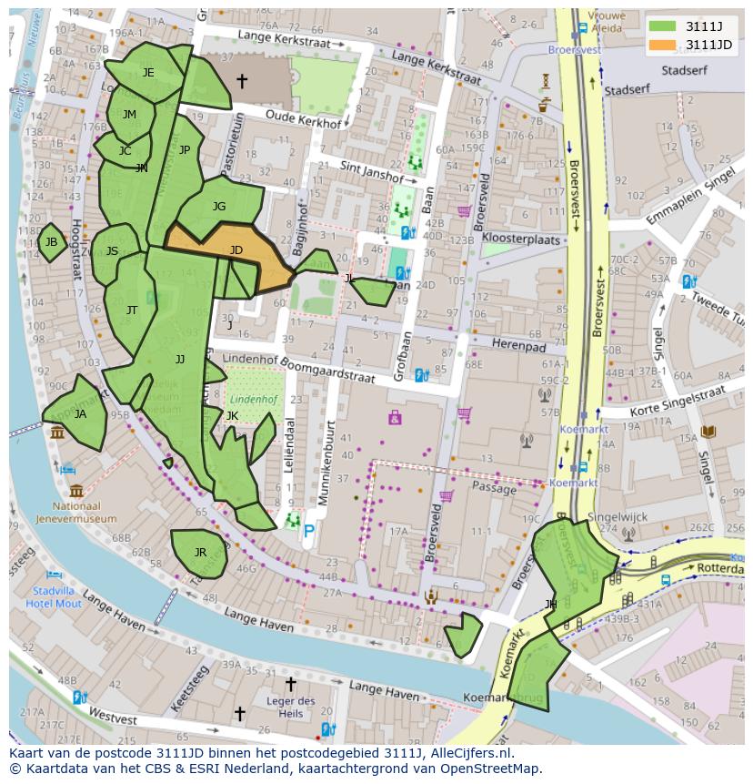 Afbeelding van het postcodegebied 3111 JD op de kaart.