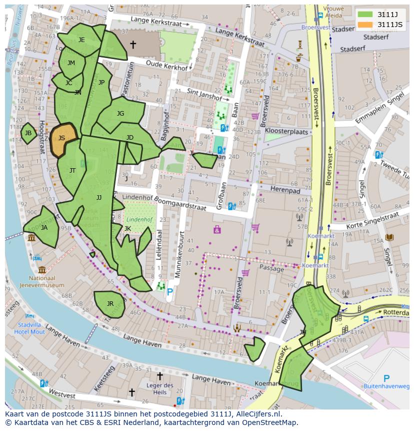 Afbeelding van het postcodegebied 3111 JS op de kaart.