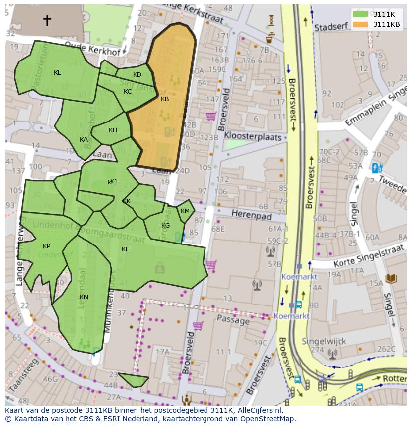 Afbeelding van het postcodegebied 3111 KB op de kaart.