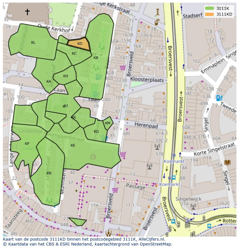 Afbeelding van het postcodegebied 3111 KD op de kaart.