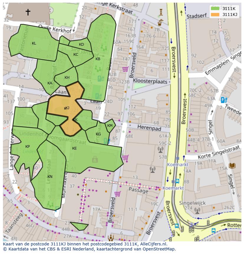 Afbeelding van het postcodegebied 3111 KJ op de kaart.