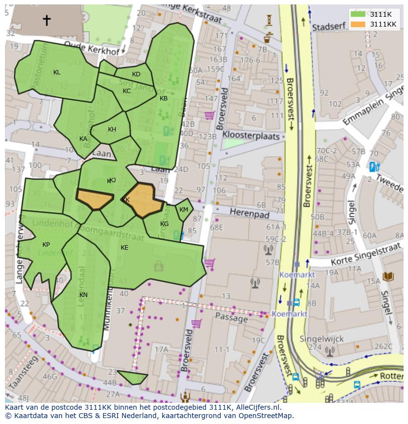 Afbeelding van het postcodegebied 3111 KK op de kaart.