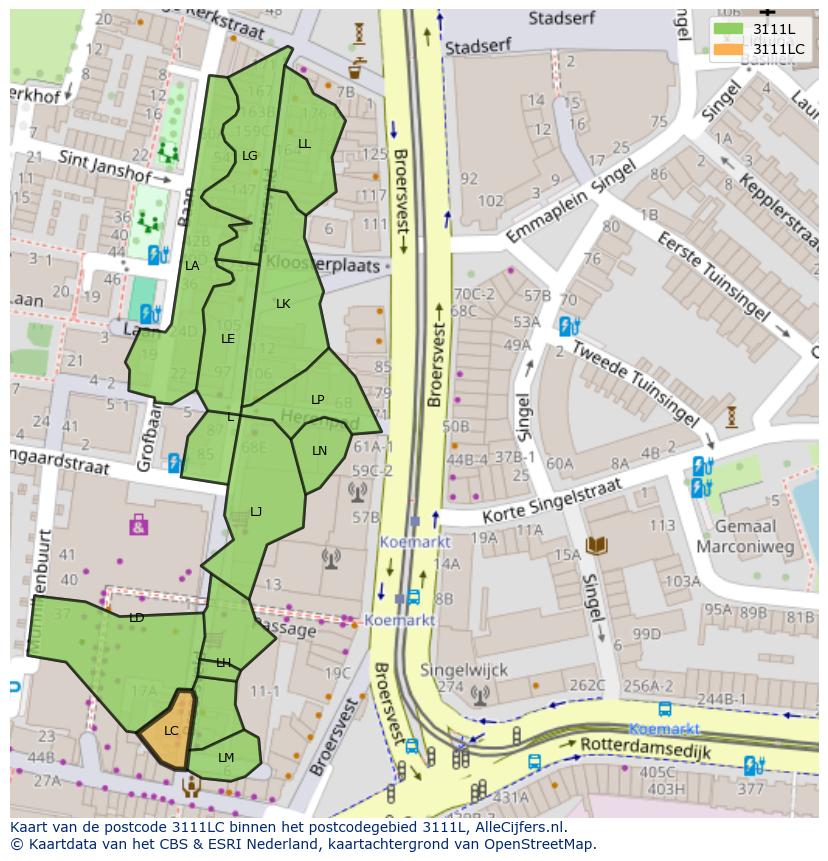 Afbeelding van het postcodegebied 3111 LC op de kaart.
