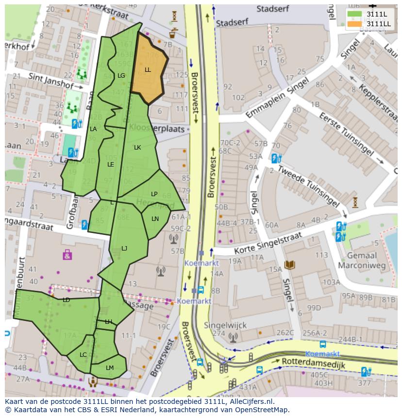 Afbeelding van het postcodegebied 3111 LL op de kaart.