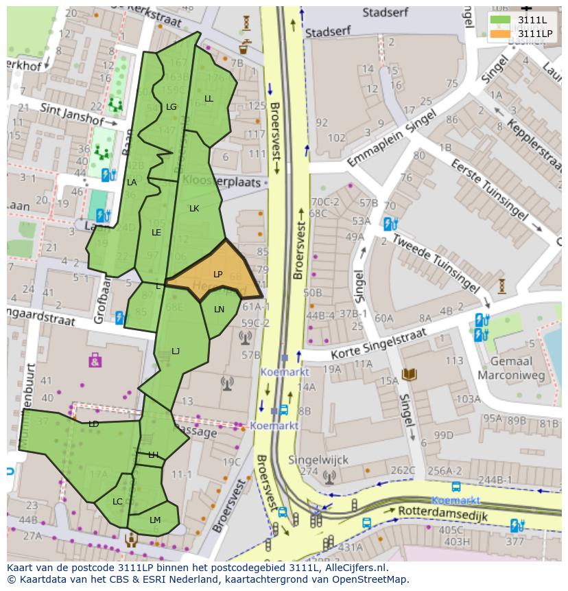 Afbeelding van het postcodegebied 3111 LP op de kaart.