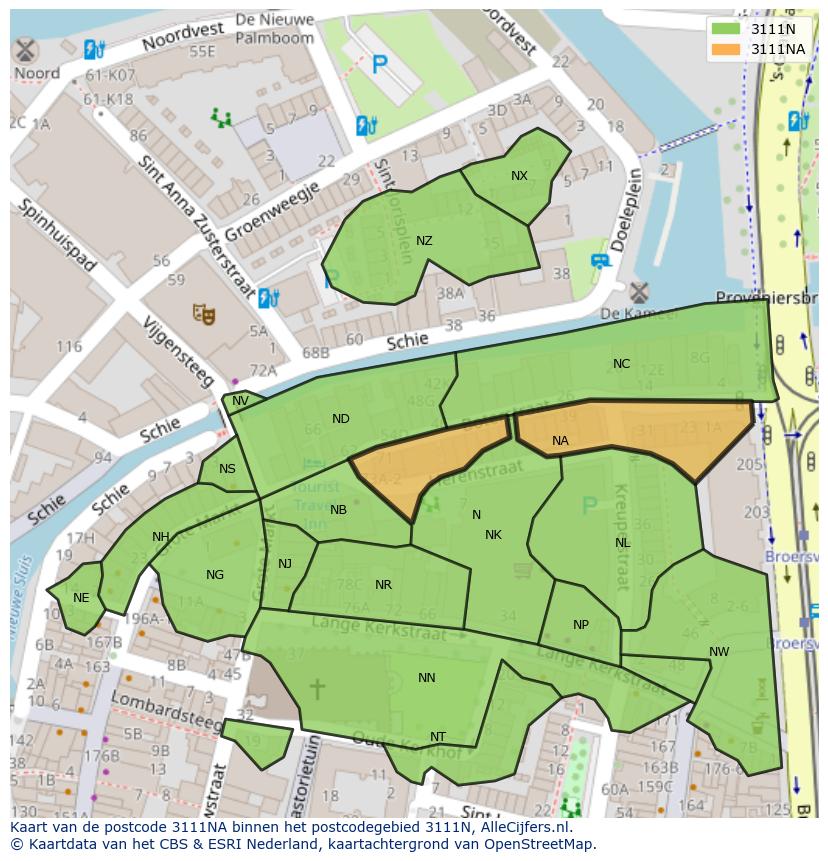 Afbeelding van het postcodegebied 3111 NA op de kaart.