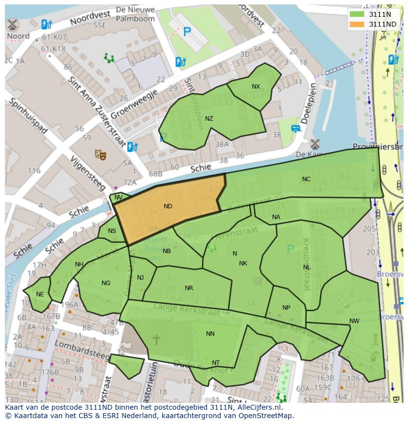 Afbeelding van het postcodegebied 3111 ND op de kaart.