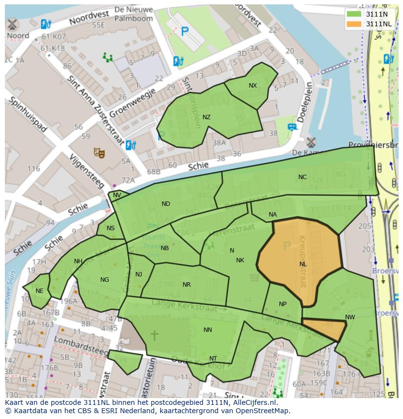 Afbeelding van het postcodegebied 3111 NL op de kaart.