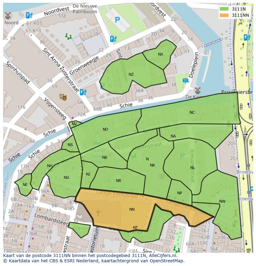 Afbeelding van het postcodegebied 3111 NN op de kaart.