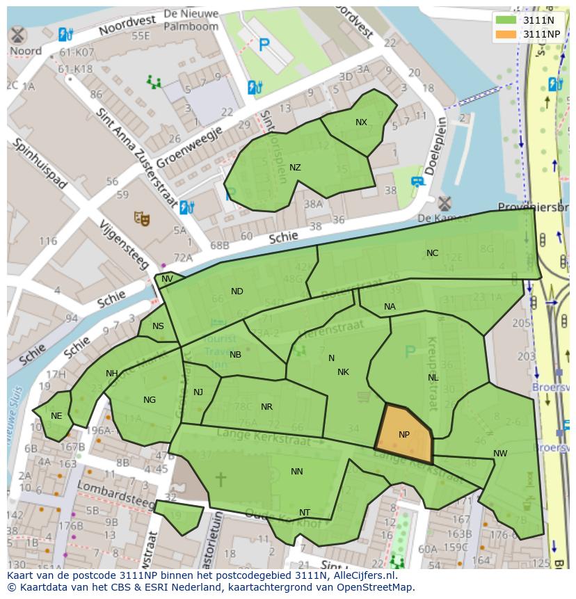 Afbeelding van het postcodegebied 3111 NP op de kaart.
