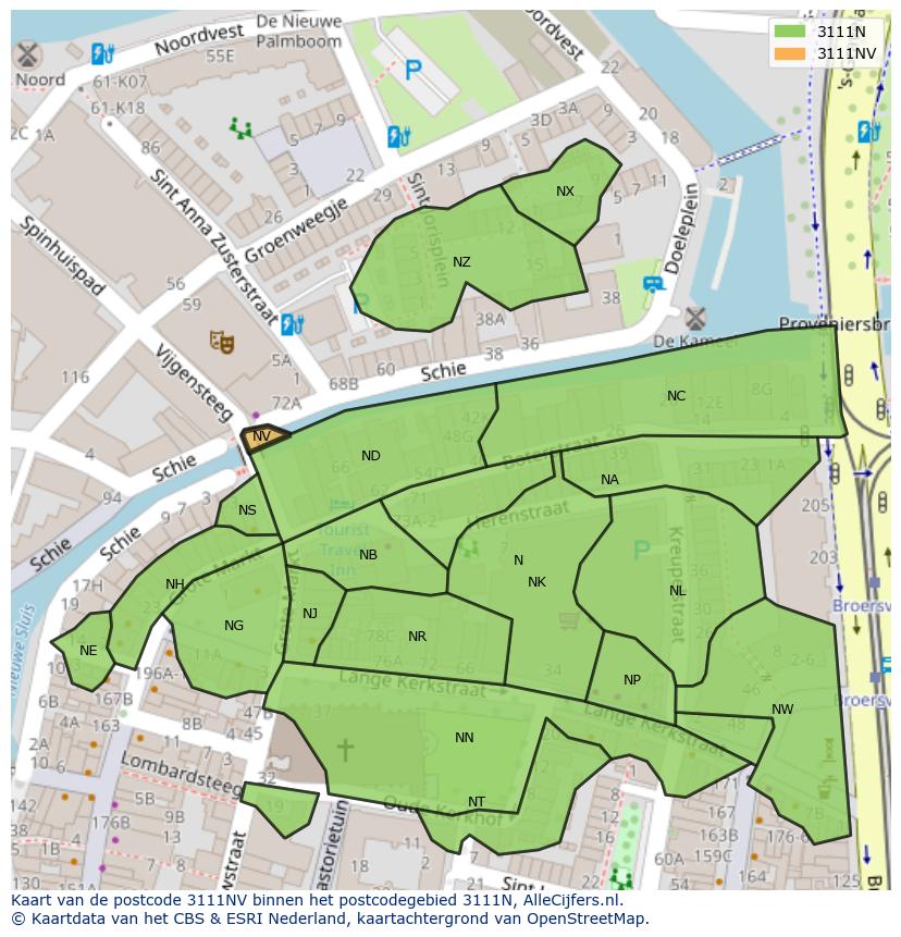 Afbeelding van het postcodegebied 3111 NV op de kaart.