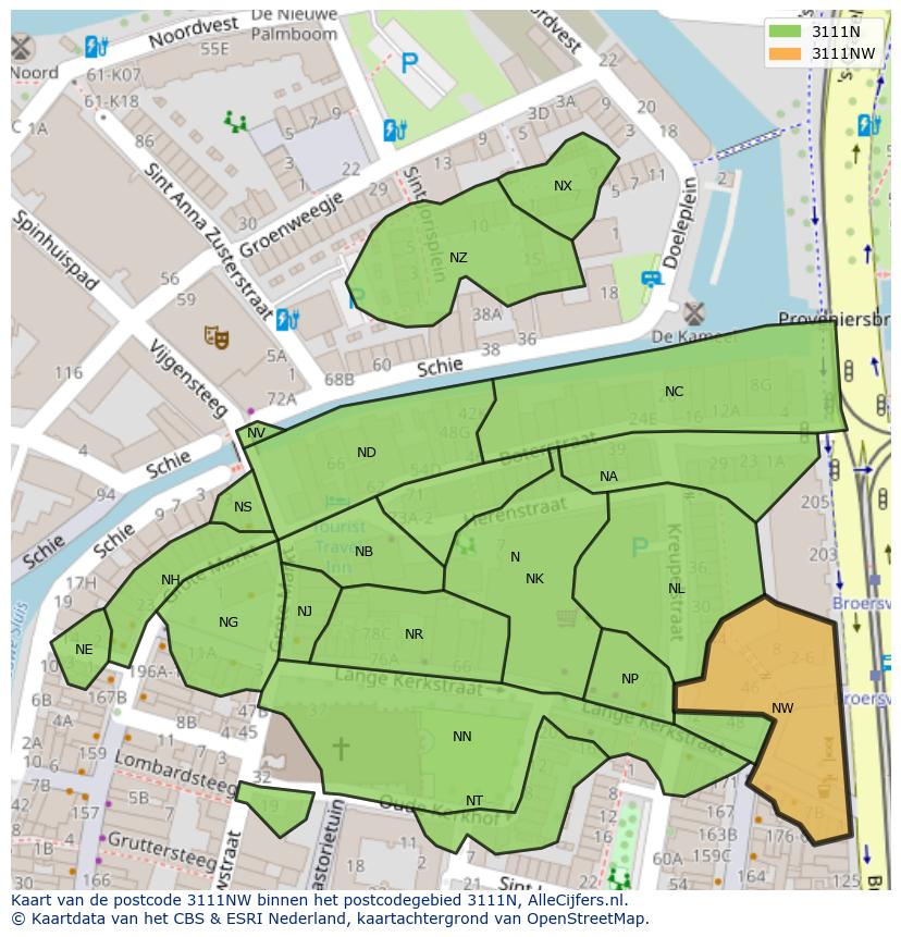 Afbeelding van het postcodegebied 3111 NW op de kaart.