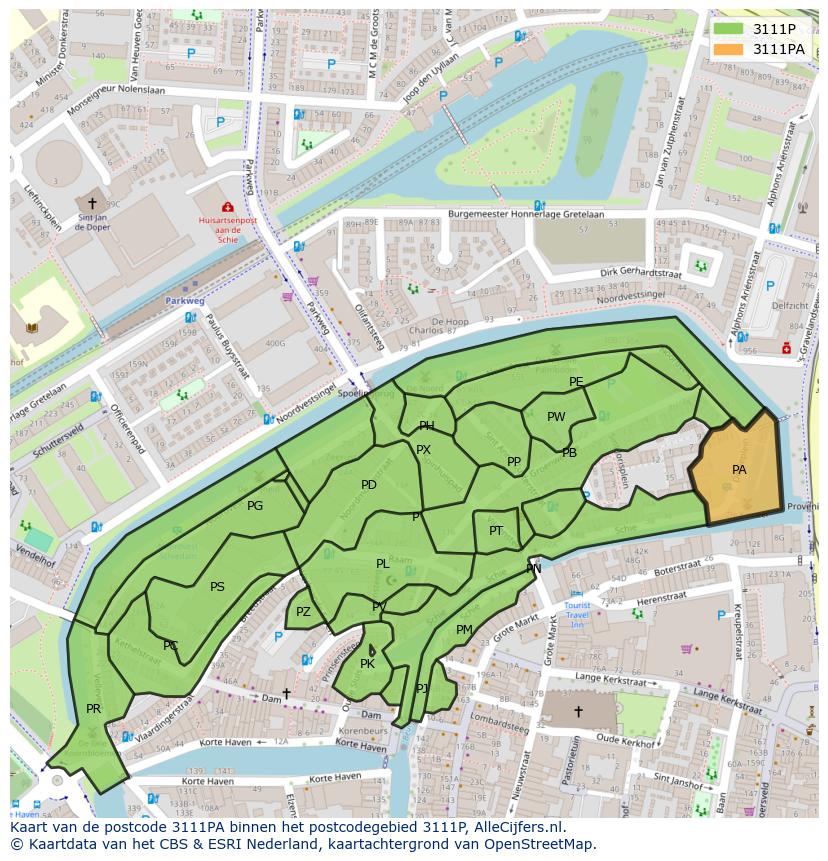 Afbeelding van het postcodegebied 3111 PA op de kaart.