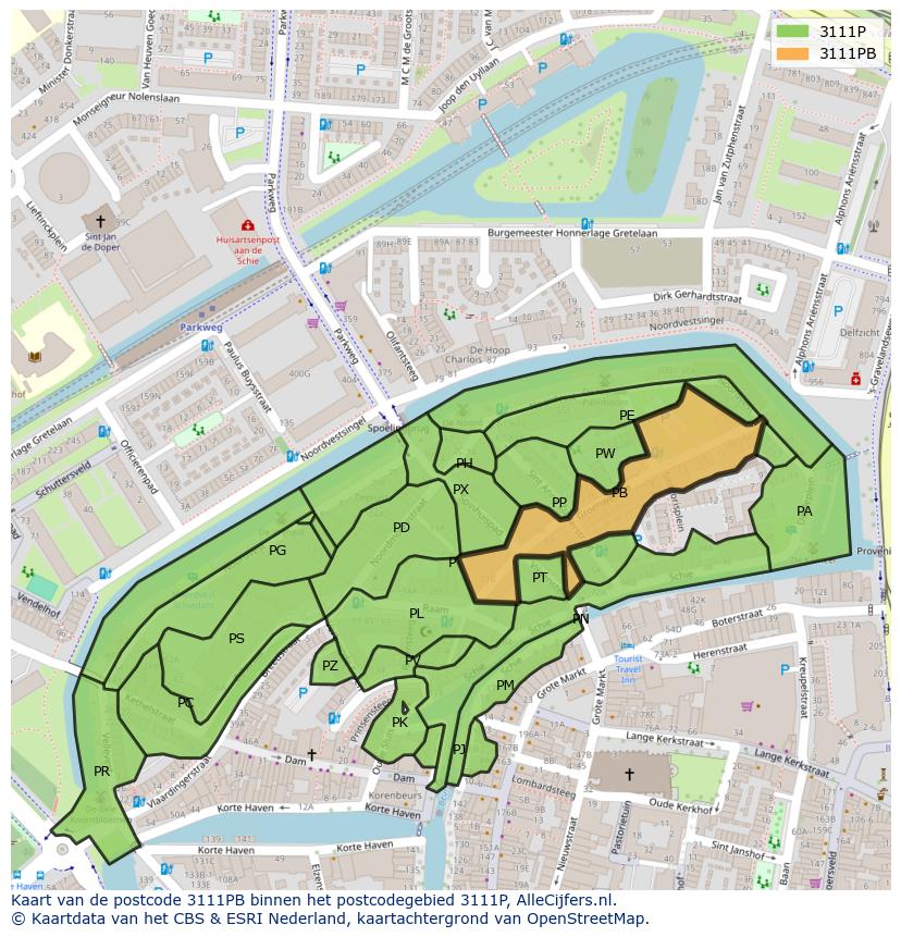Afbeelding van het postcodegebied 3111 PB op de kaart.