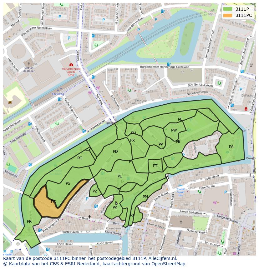 Afbeelding van het postcodegebied 3111 PC op de kaart.