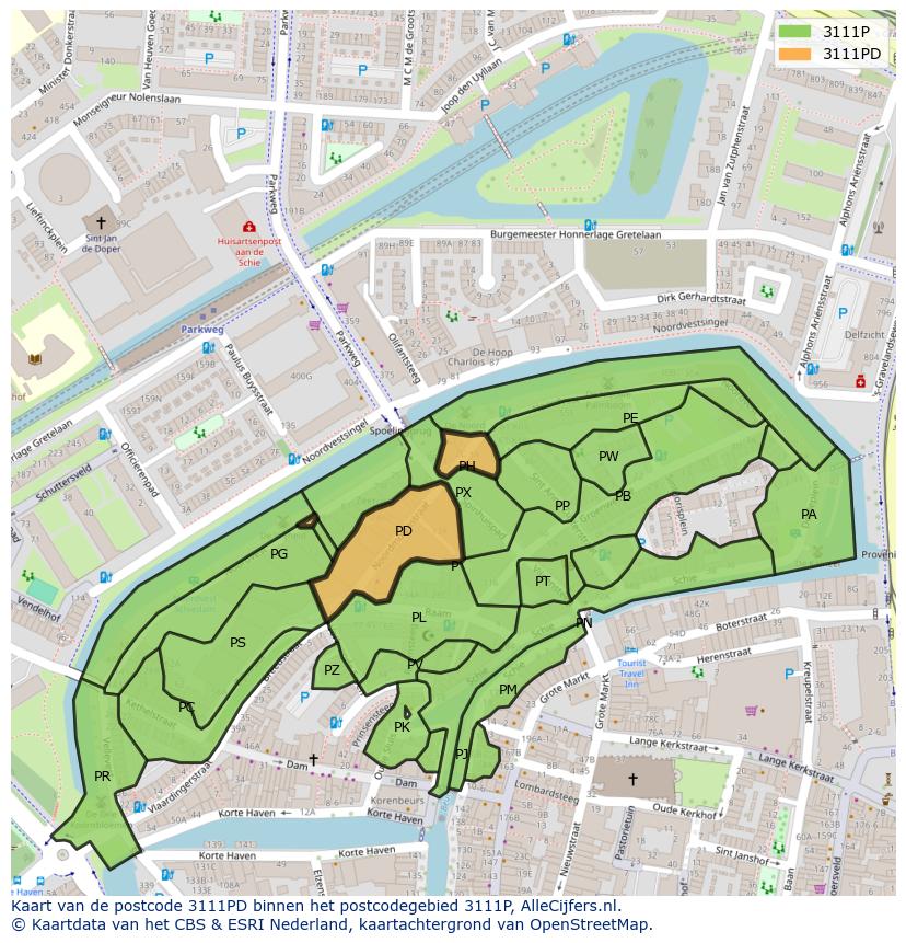 Afbeelding van het postcodegebied 3111 PD op de kaart.