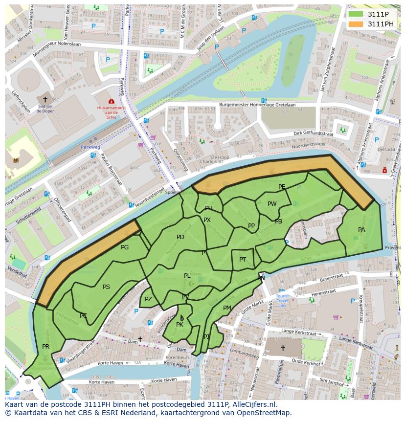 Afbeelding van het postcodegebied 3111 PH op de kaart.