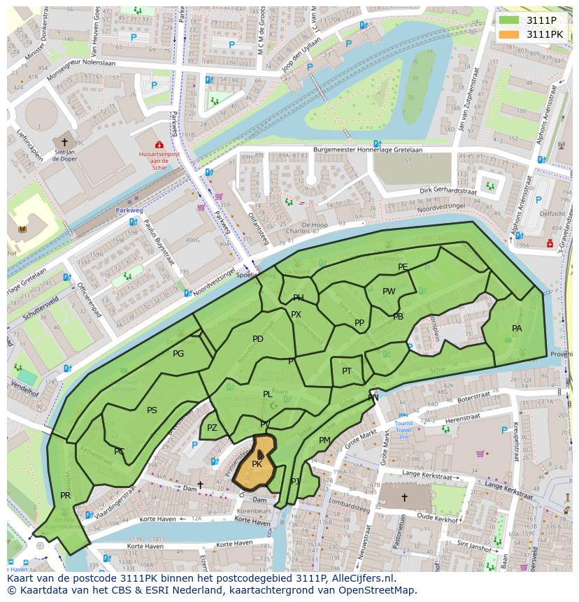 Afbeelding van het postcodegebied 3111 PK op de kaart.